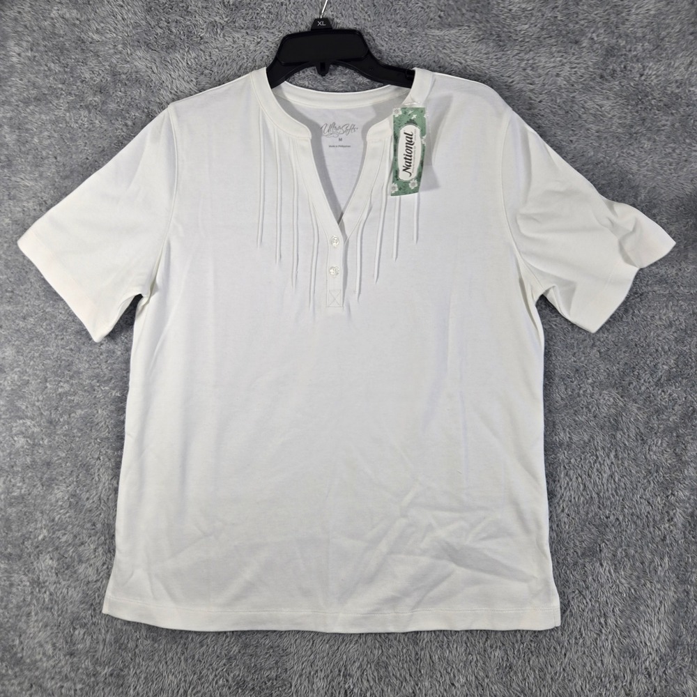 National UltraSofts Womens White Pintuck Henley Knit Top Short Sleeve Medium NEW